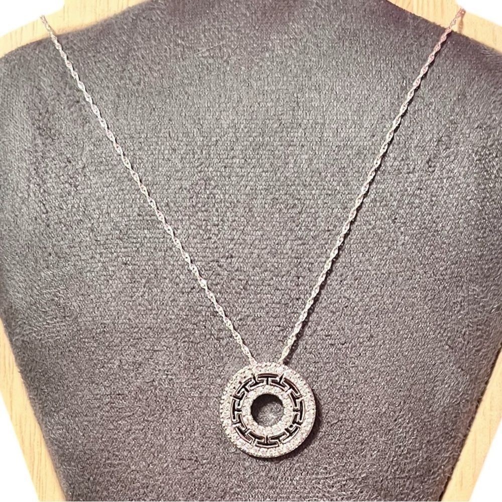 Italian Sterling Silver Round Cubic Zirconia Greek Key Design Pendant Necklace